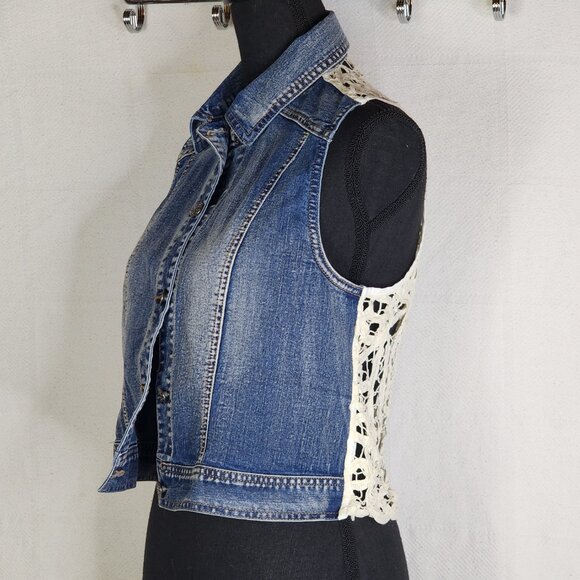 Indigo Thread Denim Button Front Cream Crochet Back Cotton Poly Span Vest Size S - Picture 8 of 16